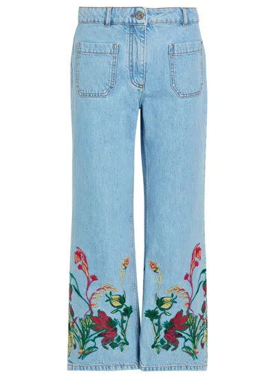 Etro Floral-embroidered Cropped Straight-leg Jeans In Blue