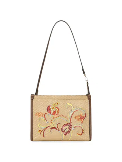 Etro Floral-embroidered Logo-print Shoulder Bag In Brown