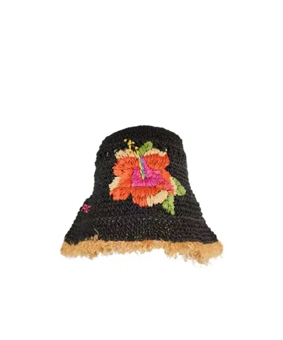 Etro Floral-embroidered Raffia Bucket Hat In Black