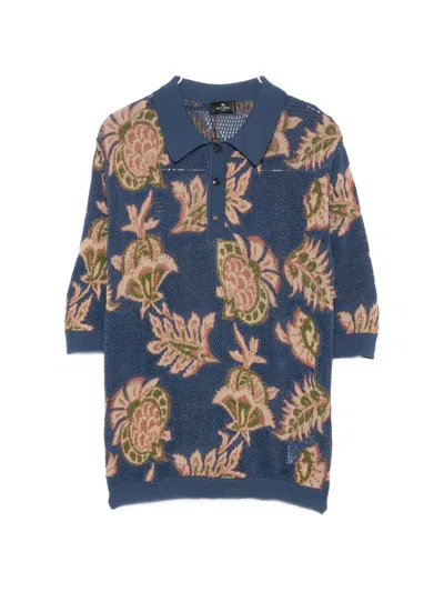 Etro Floral-intarsia Mesh-knit Polo Top In Blue