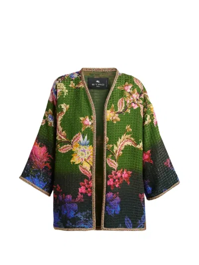Etro Floral-jacquard Open-front Jacket In Green