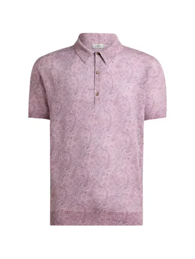 Etro Linen-blend Polo Shirt With Floral Motif In Pink