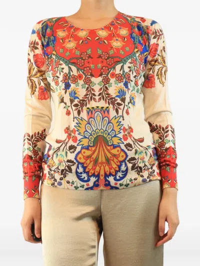 Pre-owned Etro Floral-print Fine-knit Sweater In Neutral