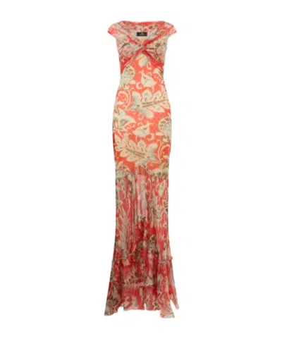 Etro Long Tulle Dress With Open Shoulders And Floral Motif In Pink
