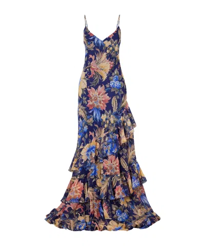 Etro Floral-print Ruffled Crepon Maxi Dress In Blue