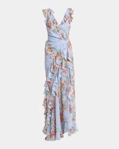 Etro Ruffled Tiered Paisley And Floral-print Satin Maxi Dress In Blue
