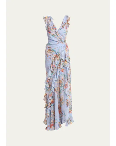 Etro Floral-print Seersucker Ruffled Slit Maxi Dress In Stampa Azul