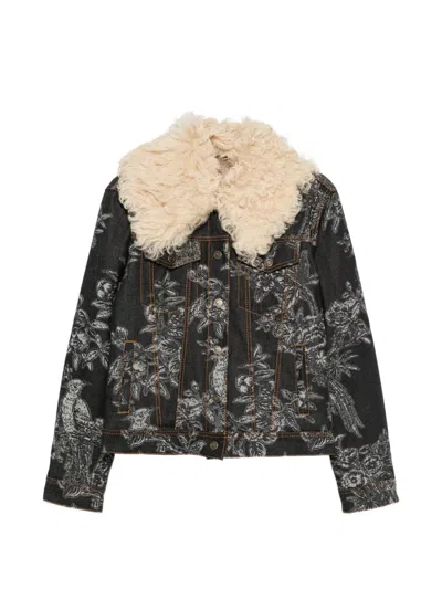Etro Floral-print Shearling-collar Jacket In Black