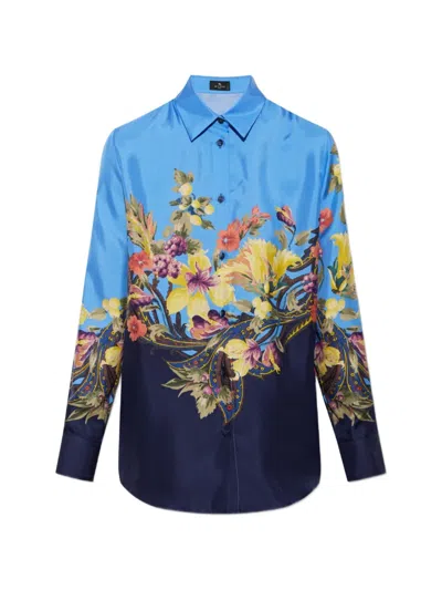 Etro Floral-print Silk Shirt In Blue