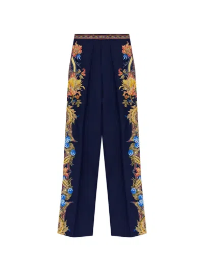 Etro Floral-print Silk Trousers In Blue