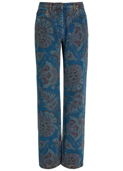 Etro Floral-print Straight-leg Denim Jeans In Blue