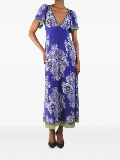 Pre-owned Etro Floral-print V-neck Silk Midi Dress In Purple