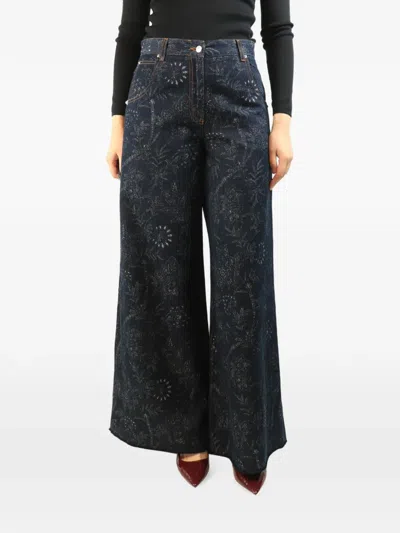Pre-owned Etro Floral-print Wide-leg Jeans In Blue