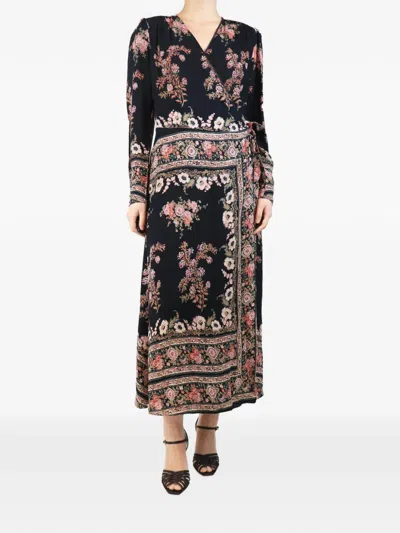 Pre-owned Etro Floral-print Wrap-design Midi Dress In Black