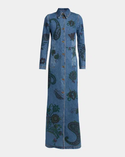 Etro Flower And Bee Printed Denim Maxi Trench Coat In Multi
