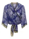 Etro Floral Silk Wrap Cardigan With Cropped Sleeves In Blue