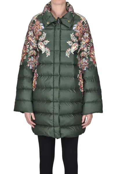 Etro Flower Print Down Jacket In Green