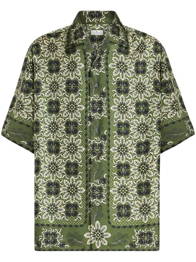 Etro Floral Print Silk Shirt With Cuban Collar In Verde