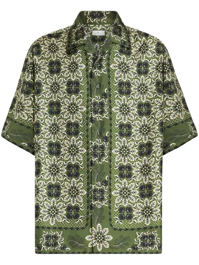 Etro Floral Print Silk Shirt With Cuban Collar In Green