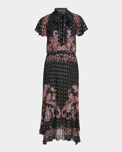 ETRO PAISLEY-PRINT NECK-TIE PLISSE GEORGETTE MIDI DRESS