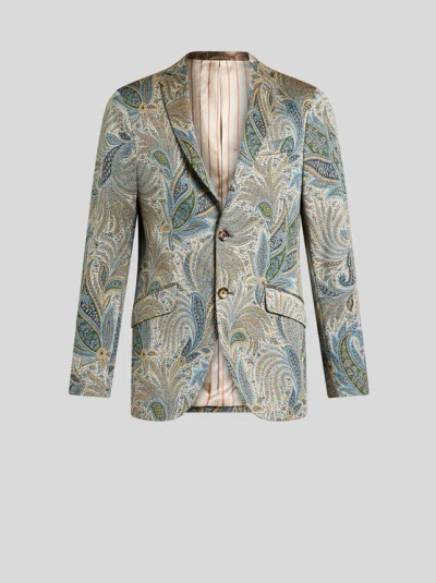 Etro , Foliage-design Cotton-blend Blazer, Man, Light Blue, Size 58