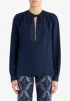 Etro Foliage Embroidered Silk Blouse In Navy