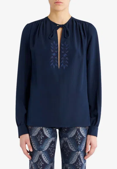 Etro Foliage Embroidered Silk Blouse In Navy
