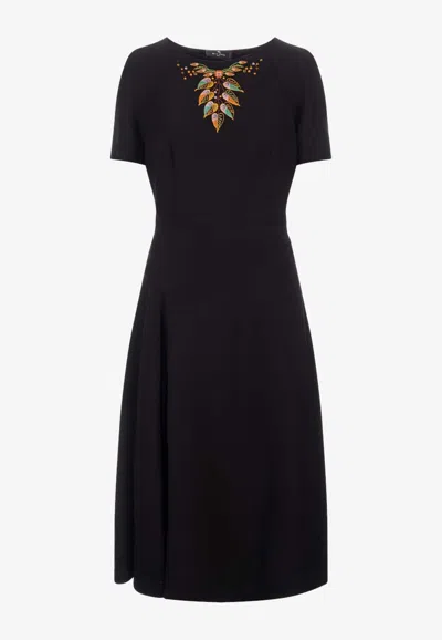 Etro Foliage Embroidery Midi Dress In Black