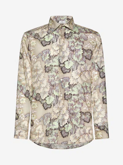 Etro Foliage Print Cotton Shirt In Beige,multicolor