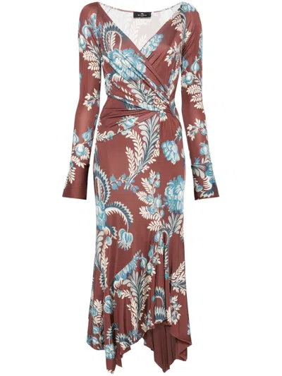 Etro Foliage-print Jersey Maxi Dress In Dark Brown,multicolor