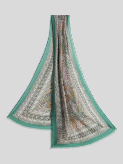 Etro Fransenschal Mit Blattmuster In Hellblau
