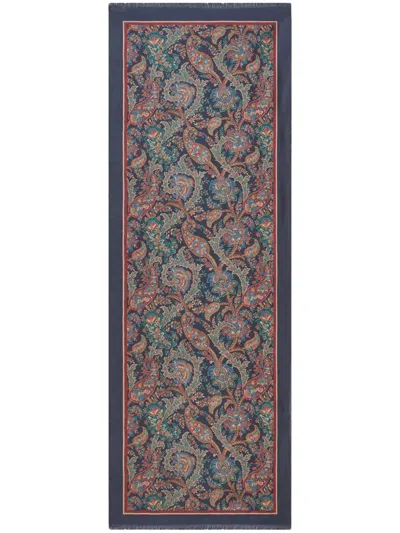 Etro Frayed Floral-print Scarf In Blue