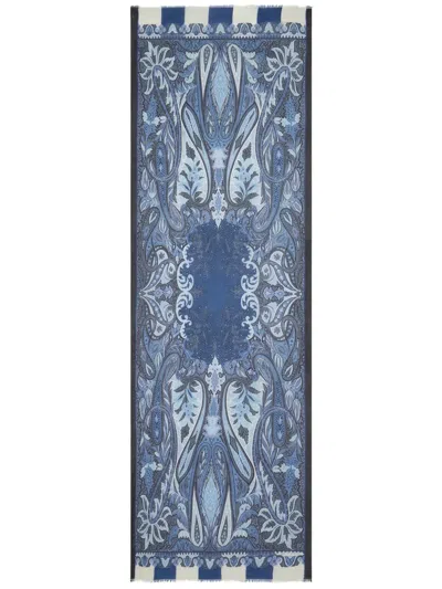 Etro Frayed Paisley-jacquard Scarf In Blue