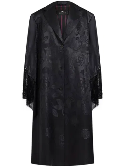 Etro Fringe-detail Jacquard Coat In Black
