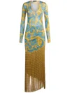 Etro Fringed Printed Metallic Knitted Dress In Yellow