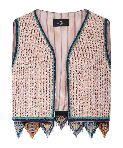 Etro Fringed Embroidered Tweed Vest In Brown