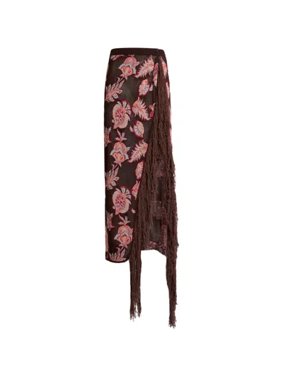 Etro Fringed Floral-print Asymmetric Skirt In Brown