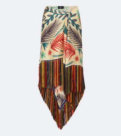 Etro Asymmetric Fringed Printed Silk-twill Mini Skirt In Neutral