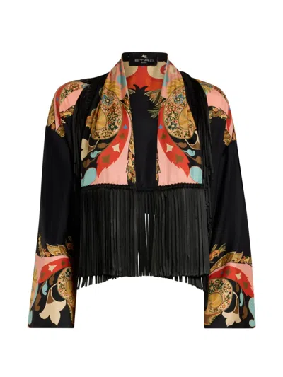 Etro Silk Jacket With Fringing And Placed Print In Multi