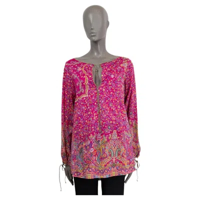 Pre-owned Etro Fuchsia Pink Cotton Micro-floral Pesant Tunic Blouse Shirt 44 L