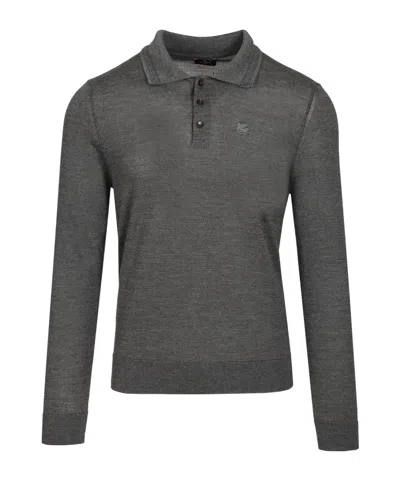 Etro Fuji Knitted L/s Polo Wool Silk In Gray