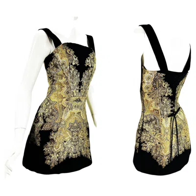 Pre-owned Etro F/w 2019 Brocade Gold Black Corset Lace-up Mini Dress Italian 42