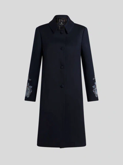 ETRO , GABARDINE COAT WITH EMBROIDERY, WOMAN, NAVY BLUE, SIZE 48