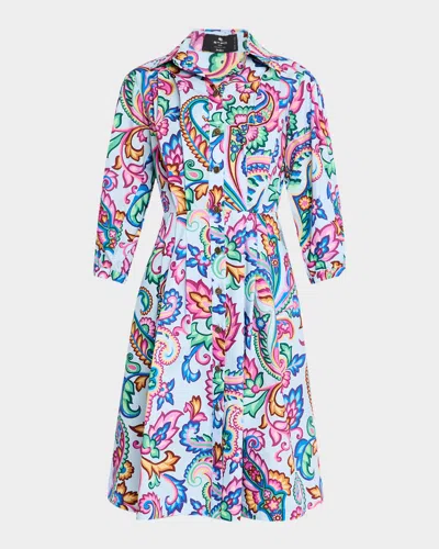 Etro Garden Paisley Puff-sleeve Pleated Shirtdress In Print On Pale Blue B