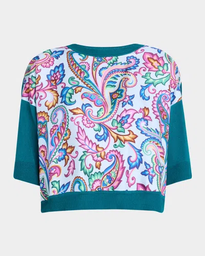 Etro Garden Paisley Silk Inset Knit Boxy Sweater In Print On Pale Blue B