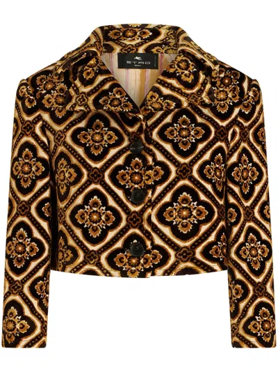Etro Cropped Jacket Structured Belted Waist In Brown