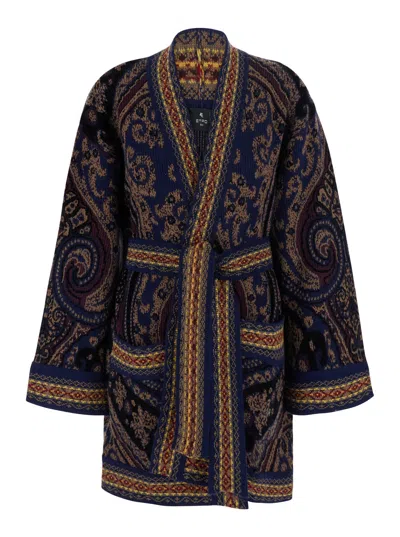 Etro Geometric-embroidered Wool Blend Cardigan In Blue