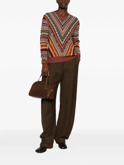 Etro Geometric-pattern V-neck Sweater In Brown