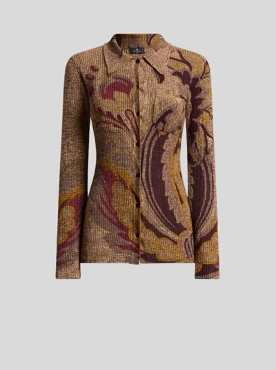 ETRO , RIBBED WOOL CARDIGAN WITH DAFFODIL MOTIF, WOMAN, BROWN, SIZE 48