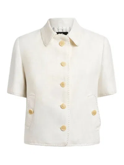 Etro Short-sleeved Cropped Linen Jacket With Pegaso Buttons In White